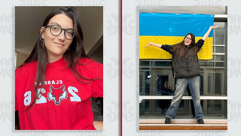 Karina with Ukrainian flag at Marist (left). Karina in Class of 2026 Marist t-shirt (right).